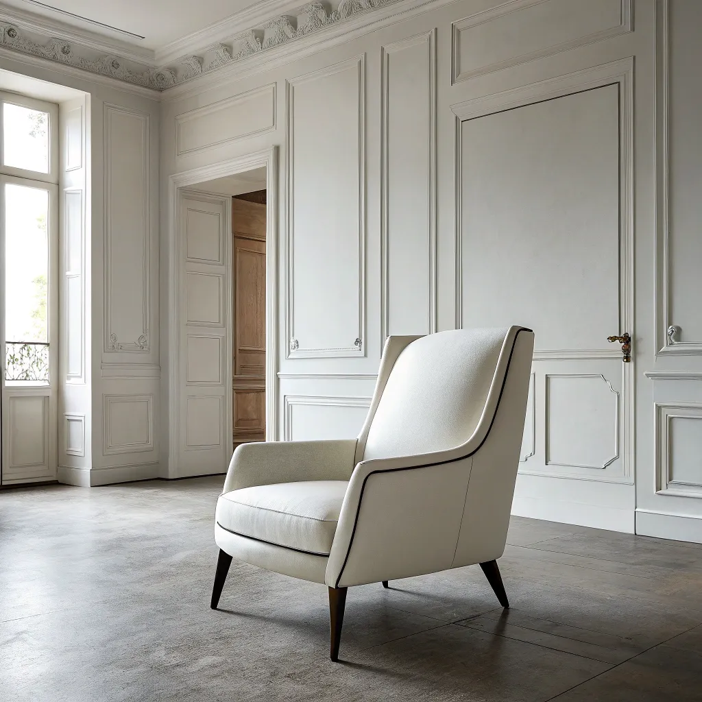 A modern designer chair in a minimalist room